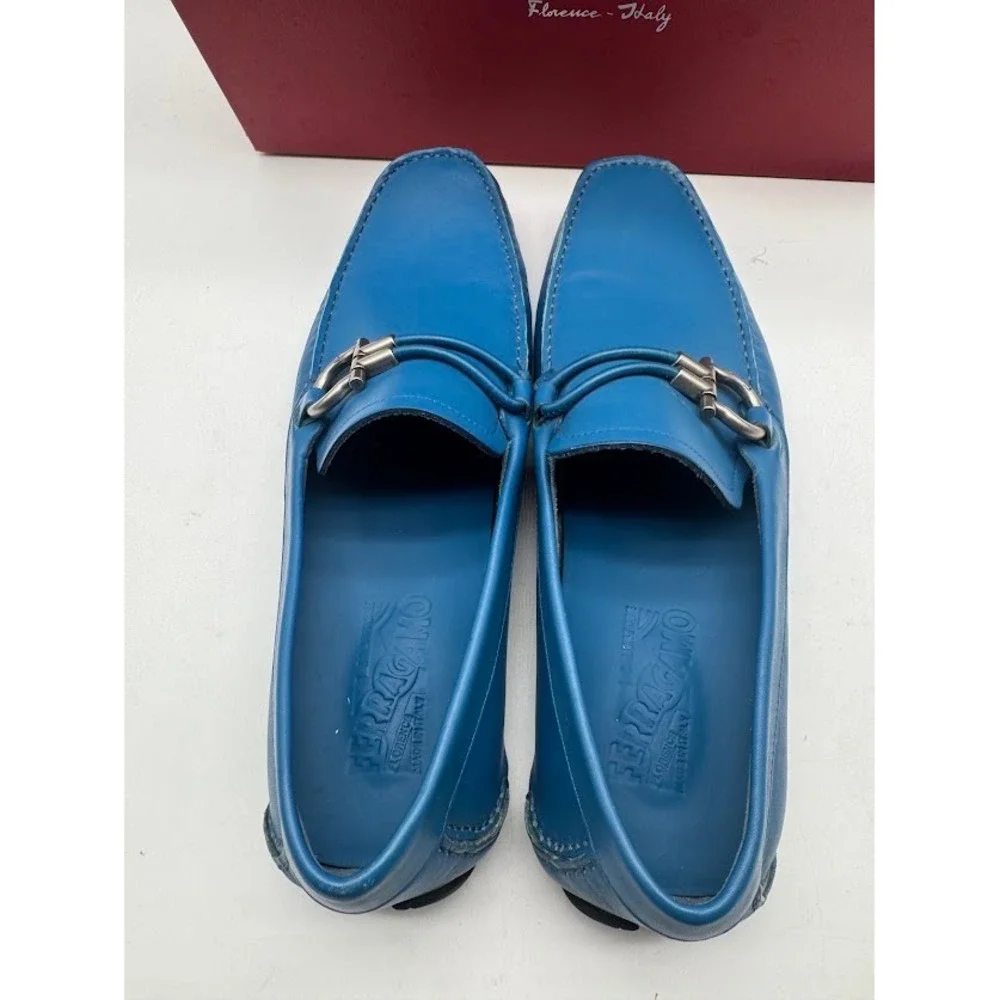 Salvatore Ferragamo Paris Blue Leather Gancini Driving Loafers Mens 8.5 D Italy